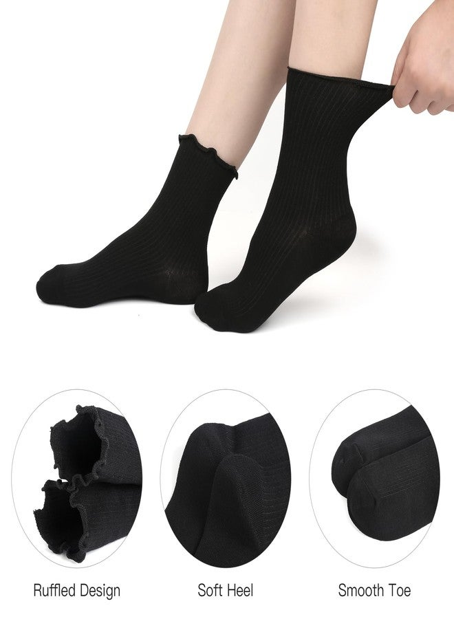 Rueesh 6 Pairs Breathable Women Warm Ruffle Ankle Socks Winter Cozy Knit Cotton Crew Socks Soft Thermal Frilly Calf Socks - Image 3